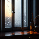 Raindrops on slightly open window with golden sunset view from cozy interior