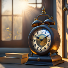 Vintage alarm clock on wooden surface with books in warm sunlight.