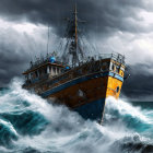 Ship battling turbulent seas under stormy sky.