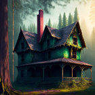 Eerie green wooden house with red chimney in misty forest