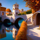 White Arched Bridge Over Calm Water Amid Autumn Foliage