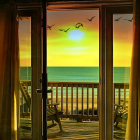 Child in White Dress Admiring Sunset Seascape from Window