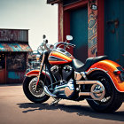 Classic Orange Motorcycle Parked in Front of Rustic Shops Under Clear Blue Sky