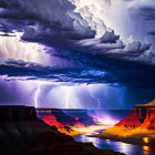 Grand Canyon illuminated by dramatic lightning strikes under tempestuous sky