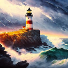 Illustration: Dramatic lighthouse on cliff in stormy sunset with lightning.