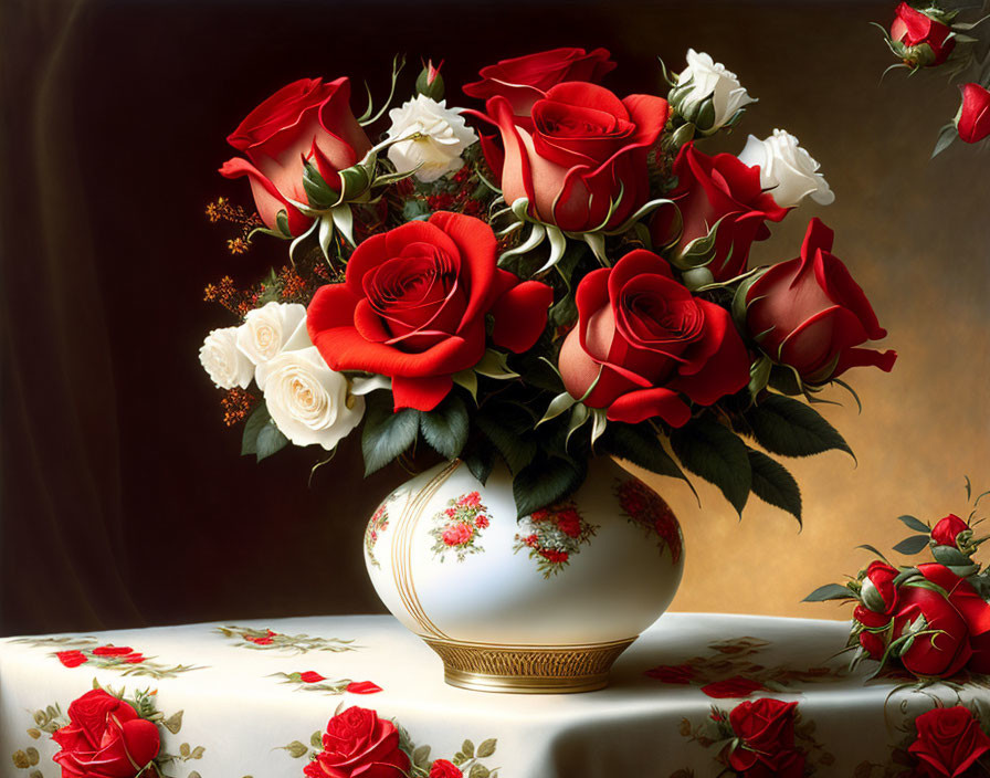 Red and White Roses Bouquet in Floral Patterned Vase on Matching Table Cloth