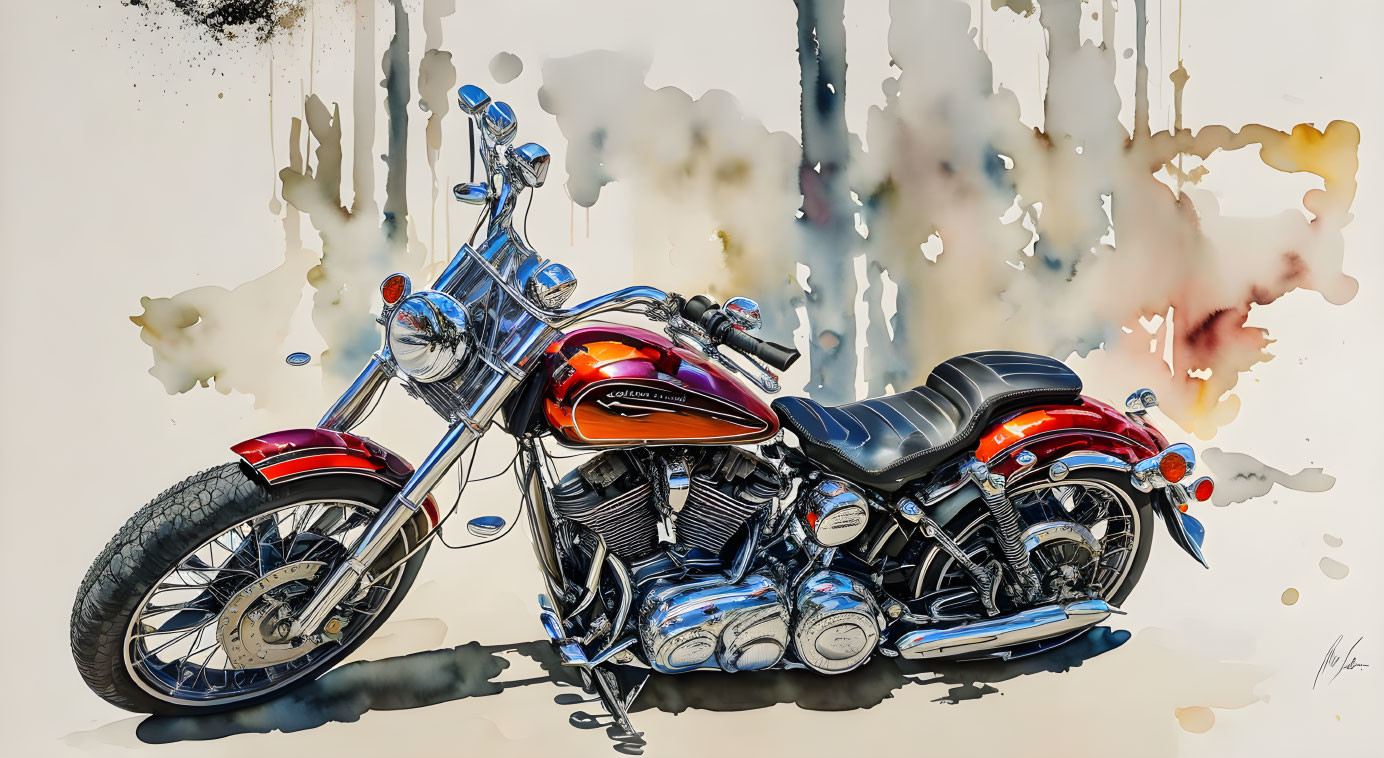 Colorful Watercolor Painting of Classic Motorcycle