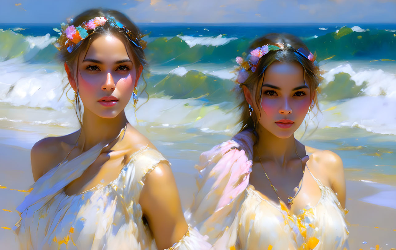 Two women in floral crowns on beach with ocean waves.