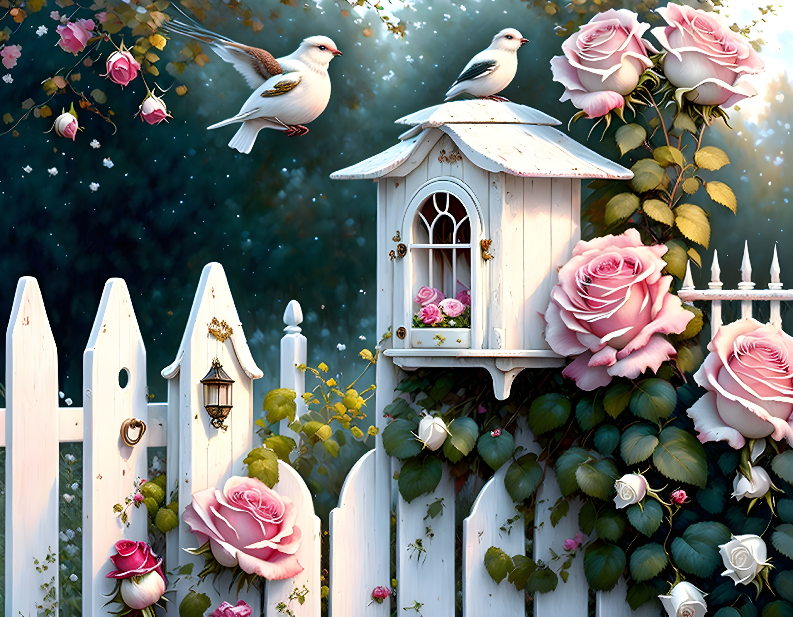 Tranquil garden scene with birds, picket fence, roses, and birdhouse