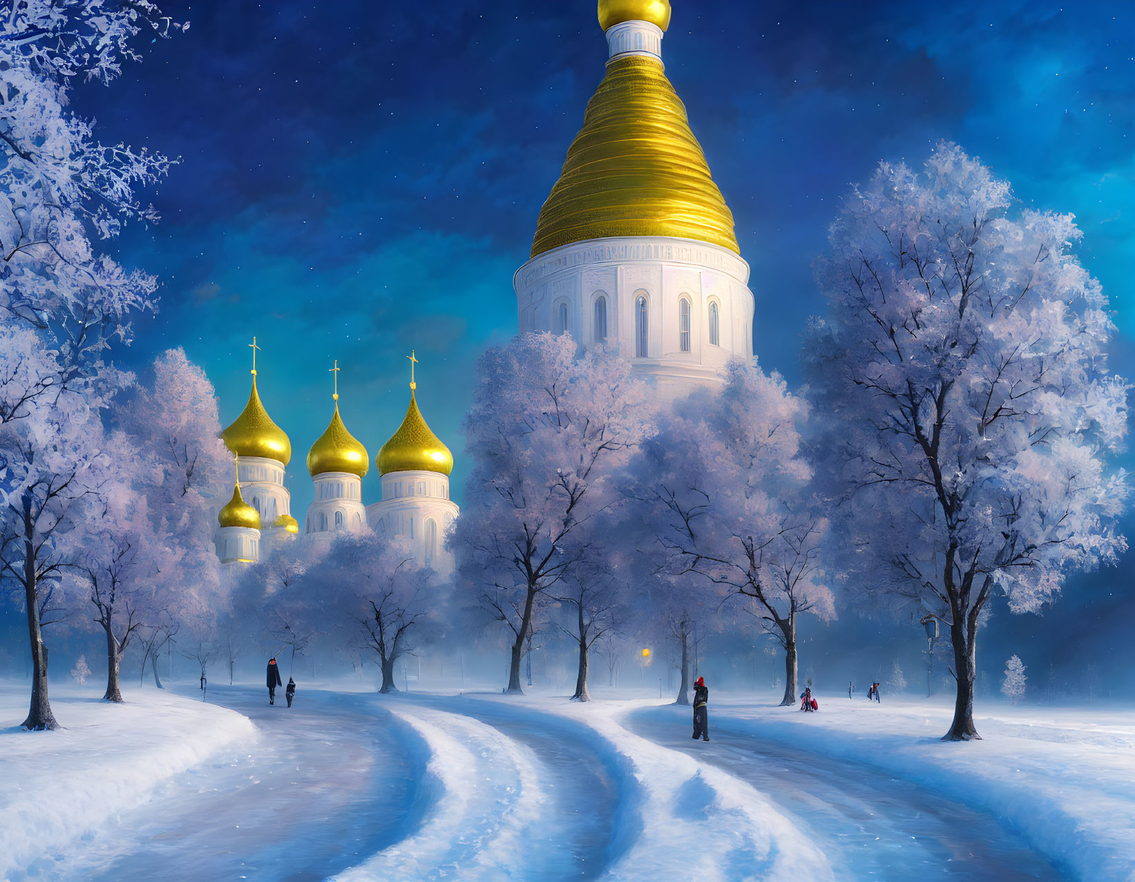 Snow-covered trees, glistening paths, and golden-domed cathedral under starry sky