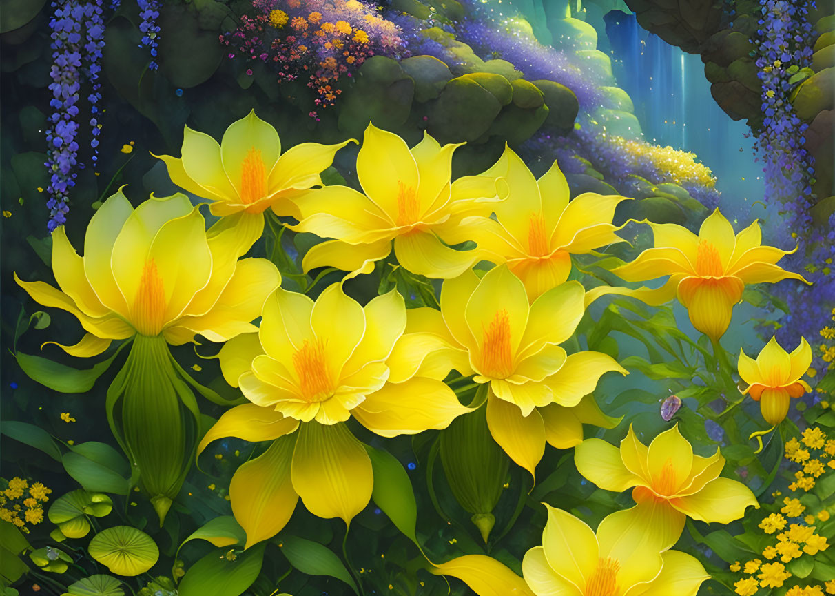 Yellow flowers bloom in lush garden with waterfall and ethereal light