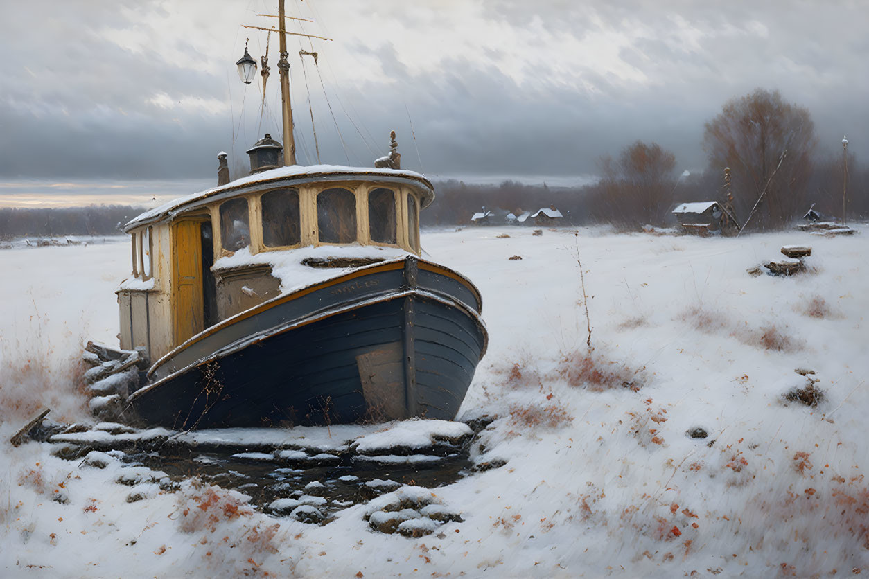 Yellow-cabin boat on snow-covered landscape under dark clouds