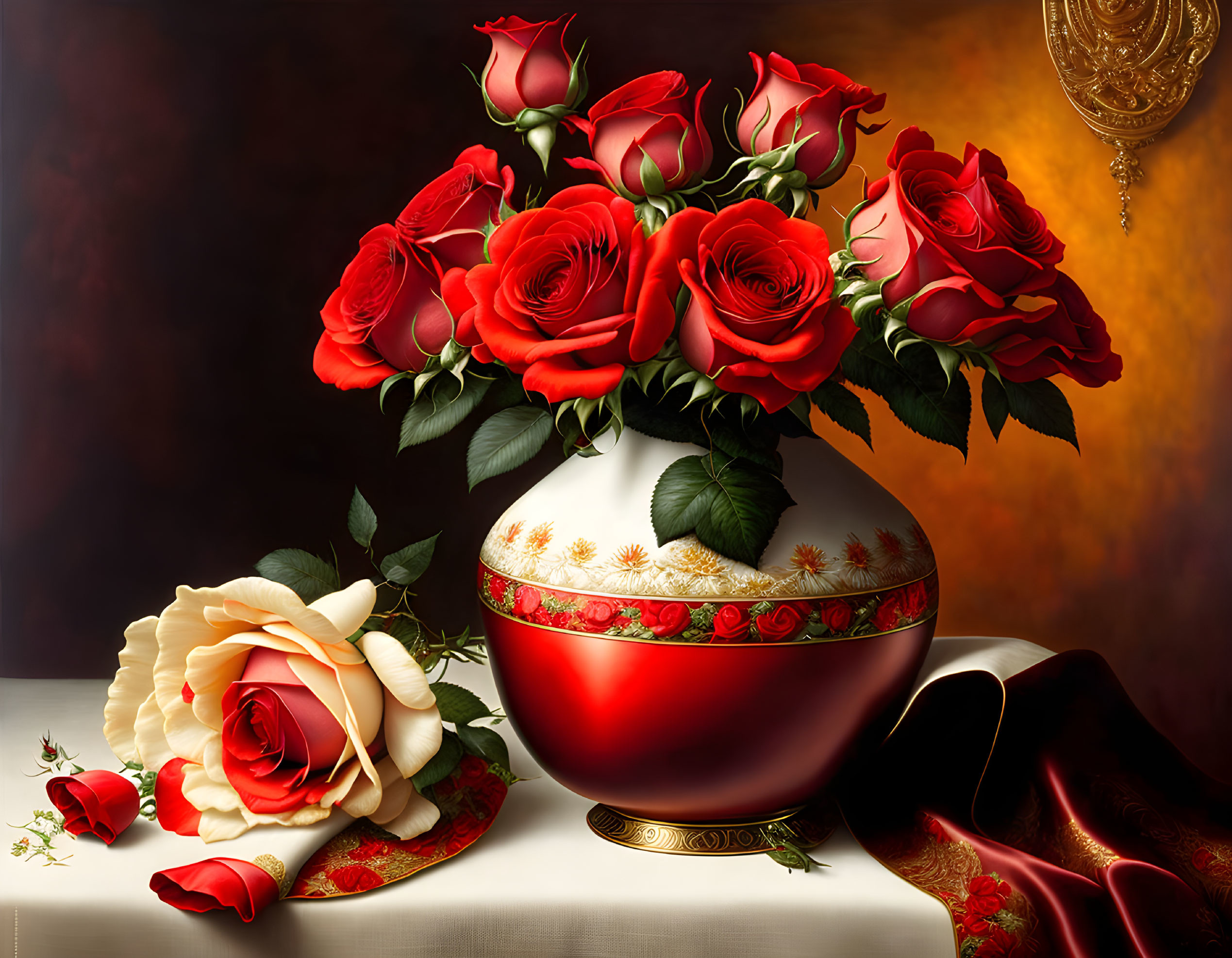 Vibrant red roses in ornate vase with draped cloth on dark background