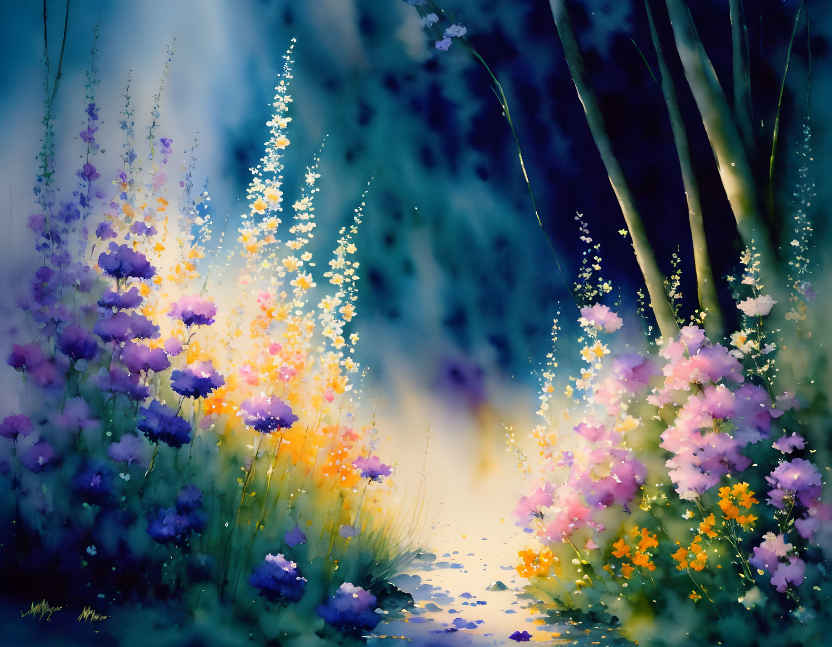 Colorful Floral Painting: Purple, Yellow, and White Blossoms in Darkened Woods