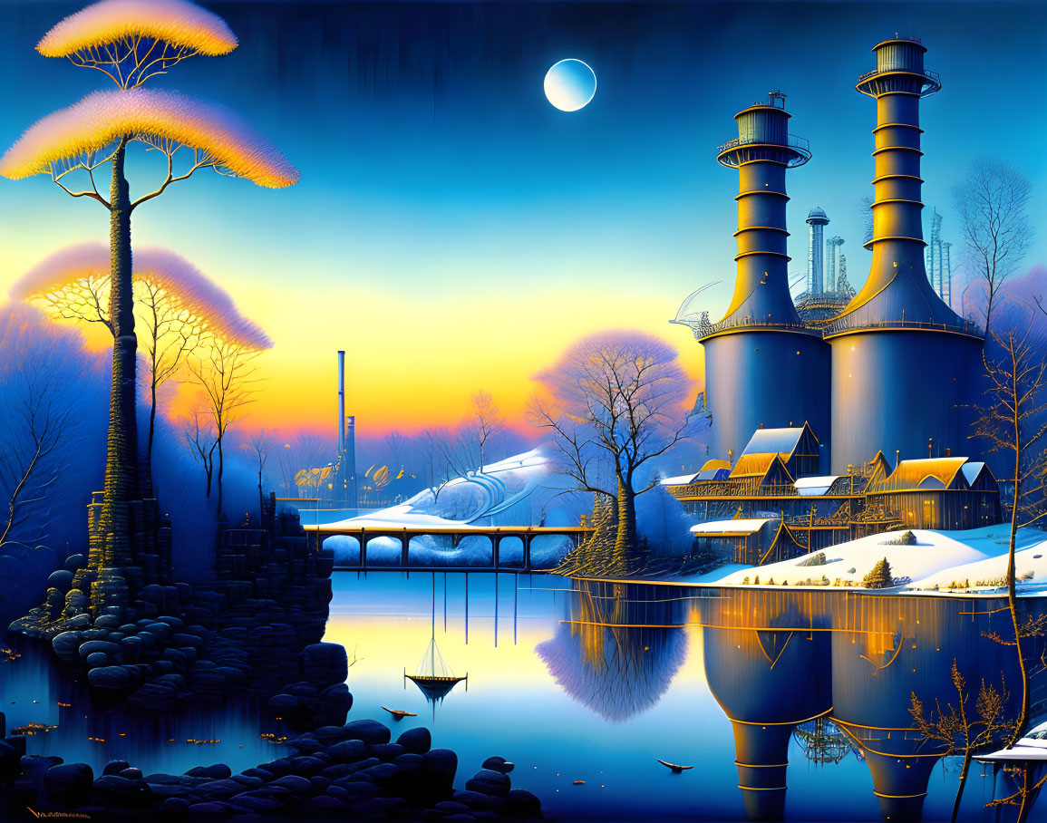 Nighttime fantasy landscape with illuminated buildings, train, snow, colorful trees, and crescent moon.