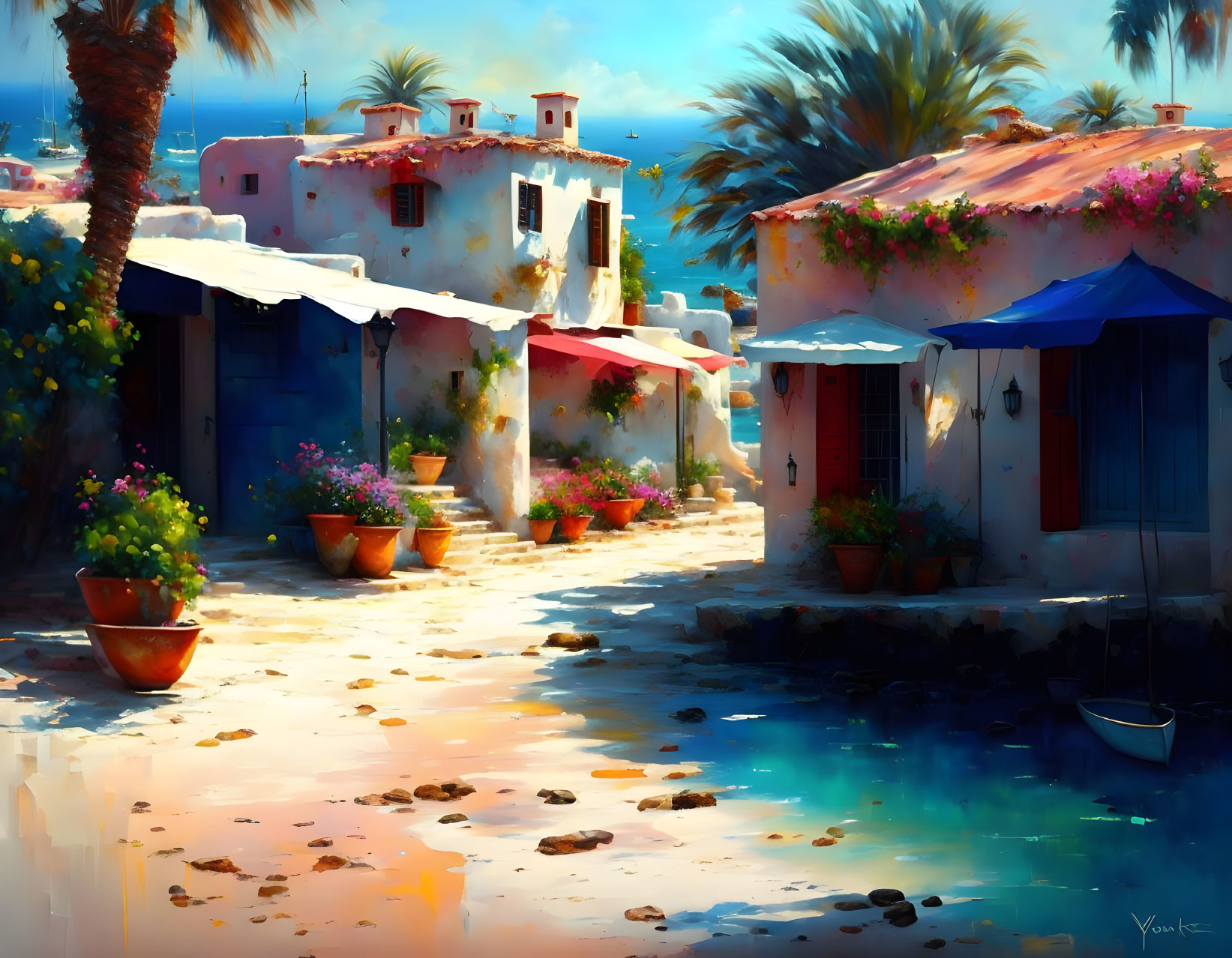 Sunlit coastal village: White houses, palm trees, calm blue waterway.