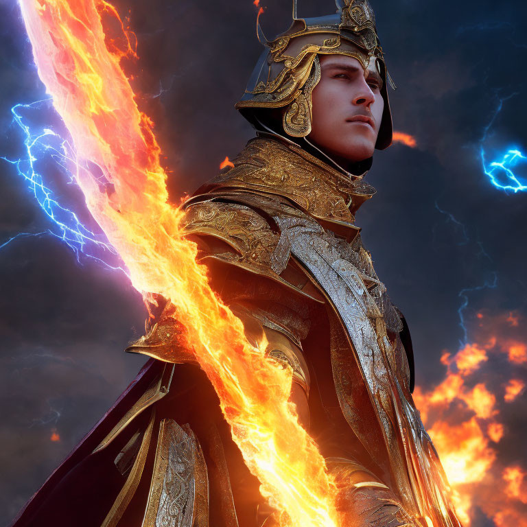 Digital artwork: Person in ornate armor with fiery slash effect and blue lightning on stormy sky.