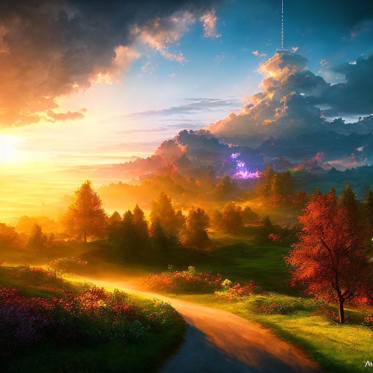 Sunlit Landscape with Winding Path and Dramatic Sunset Sky