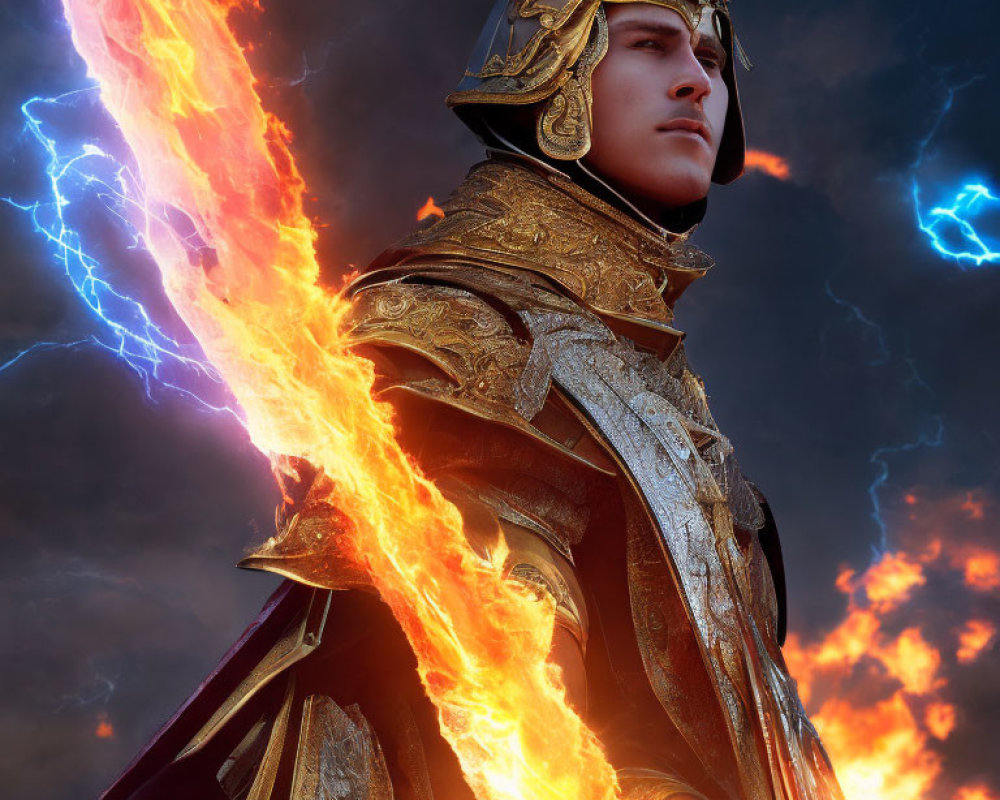 Digital artwork: Person in ornate armor with fiery slash effect and blue lightning on stormy sky.