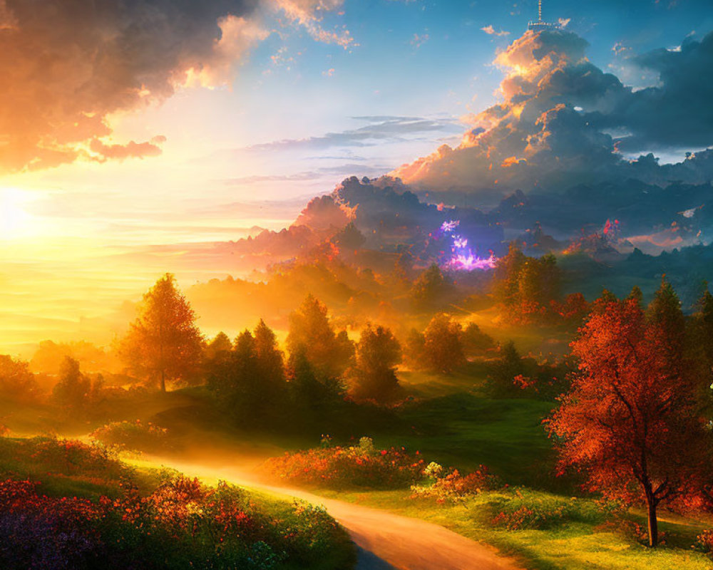 Sunlit Landscape with Winding Path and Dramatic Sunset Sky