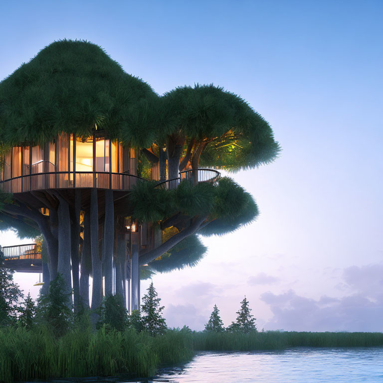 Modern treehouse nestled in lush canopies overlooking calm waterfront at twilight