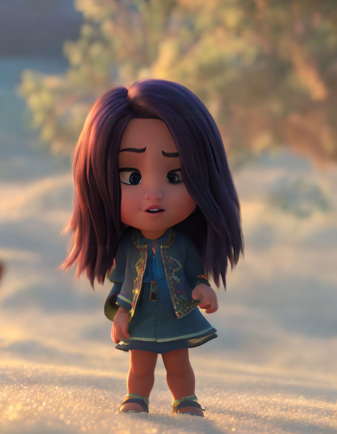Purple-Haired 3D Animated Character in Snowy Scene with Blue Coat