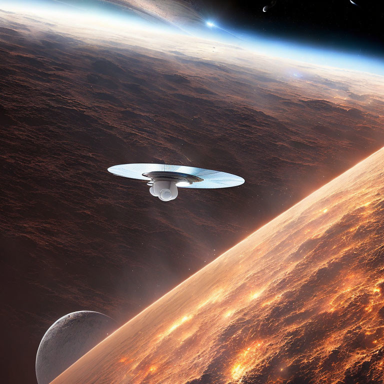 Spaceship resembling Star Trek Enterprise orbits fiery planet with moon and space curvature.