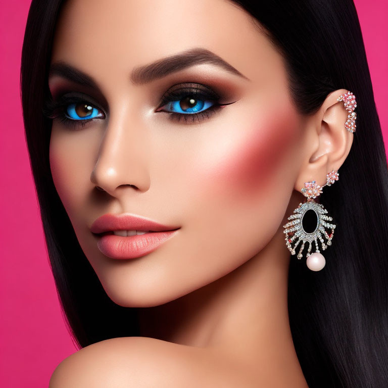 Detailed portrait of woman with smoky eye makeup and pink blush, showcasing ornate earring on pink