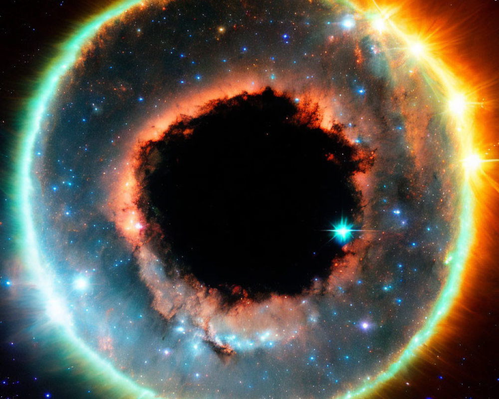 Colorful Nebula with Dark Void and Luminous Ring of Stars