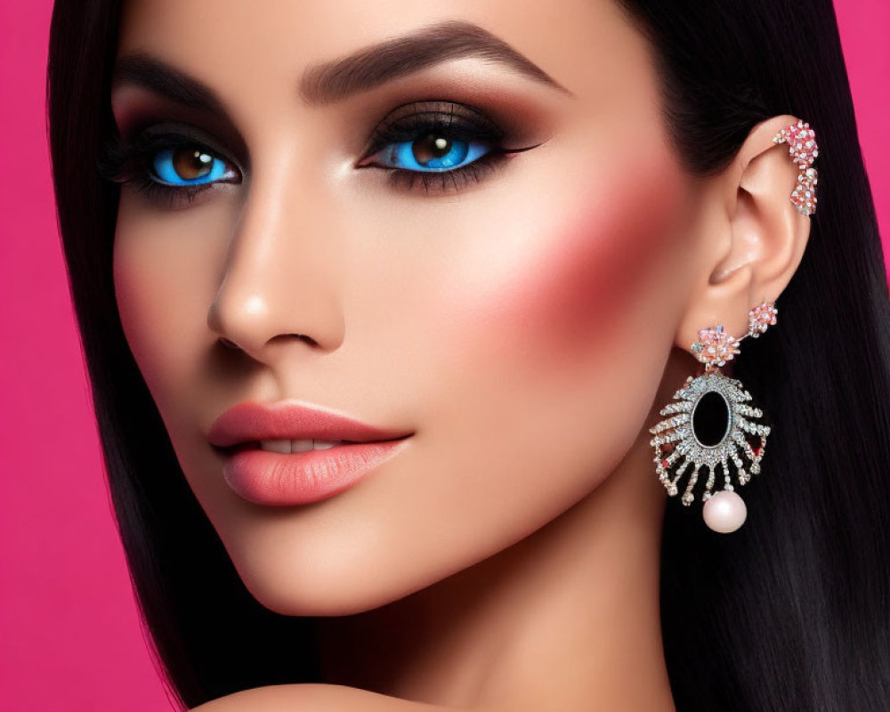 Detailed portrait of woman with smoky eye makeup and pink blush, showcasing ornate earring on pink