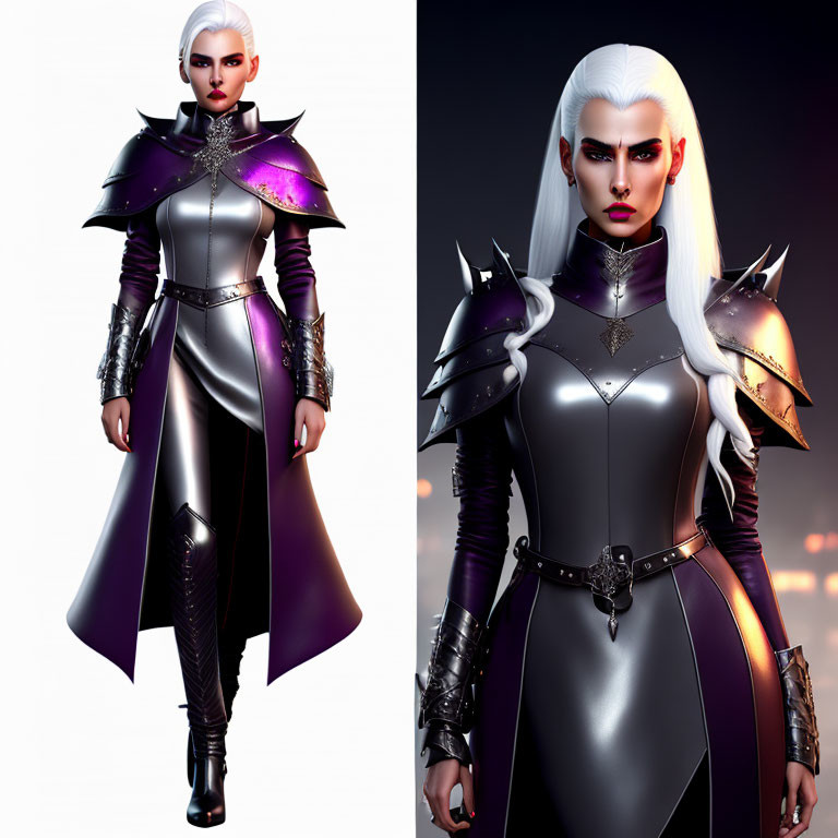 Character in Silver and Purple Armor with White Hair Styled in Long Braid