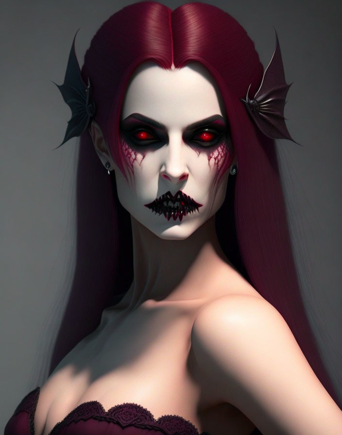 Female character with red eyes, red hair, fangs, and dark makeup on grey background