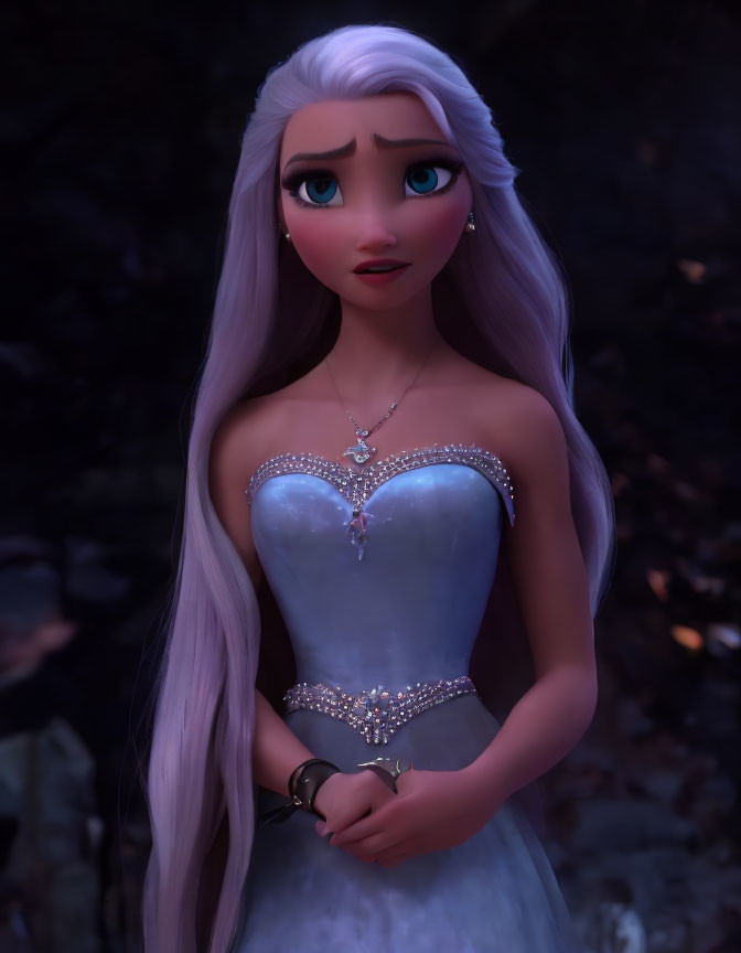 Animated female character with white hair and heart necklace in blue dress on dark background