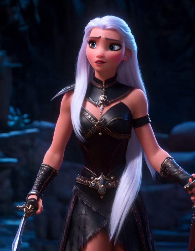 Platinum Blonde Female Character in Dark Armor with Sword