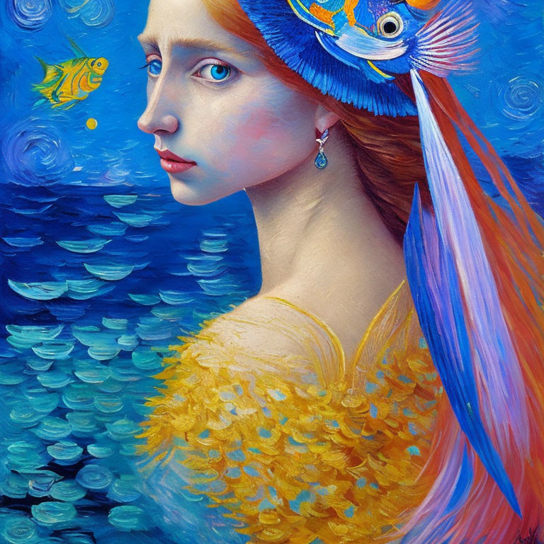 Woman with aquatic elements and fish on vibrant blue background in colorful attire