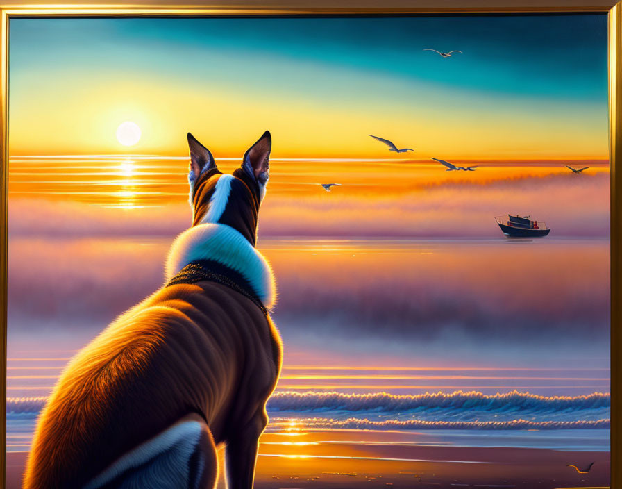 Dog admiring sunset over serene seascape with boat and birds