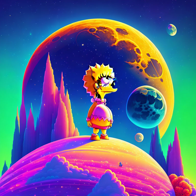 Colorful Lisa Simpson art on alien planet with moons in neon sky