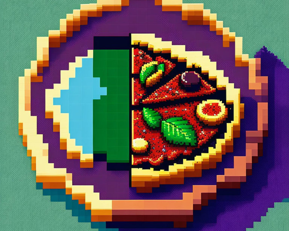 Pixelated pizza slice on wooden board with green toppings