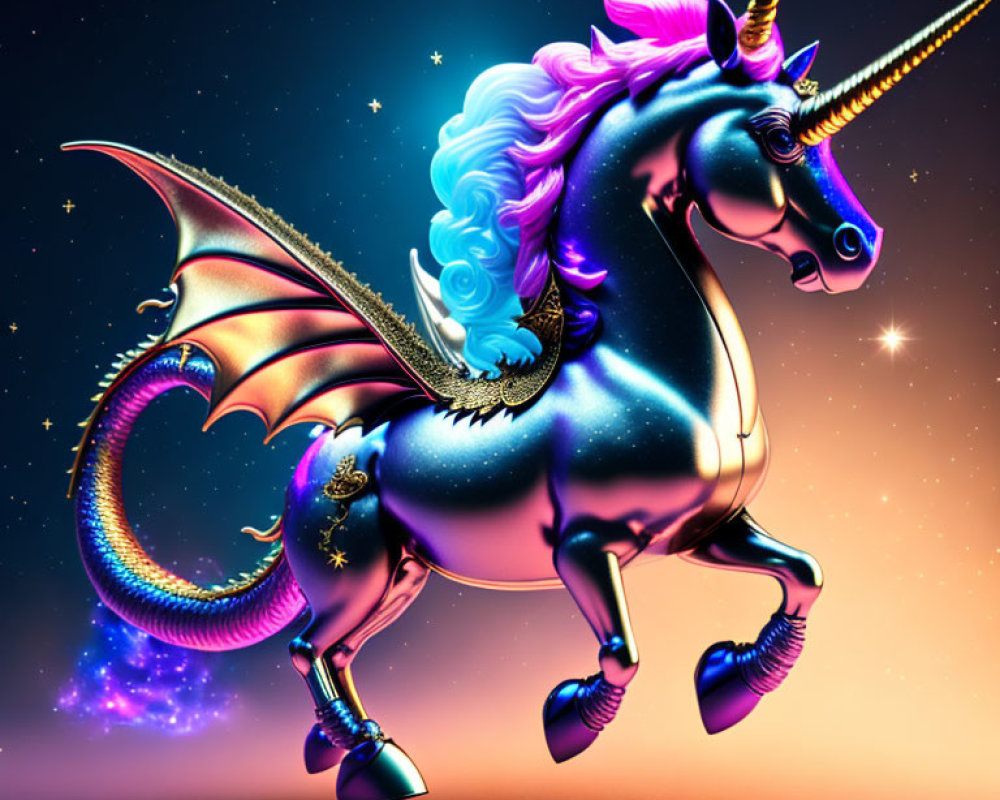 Mythical creature with unicorn body and dragon wings on starry background