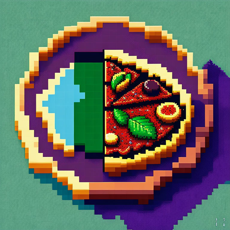 Pixelated pizza slice on wooden board with green toppings