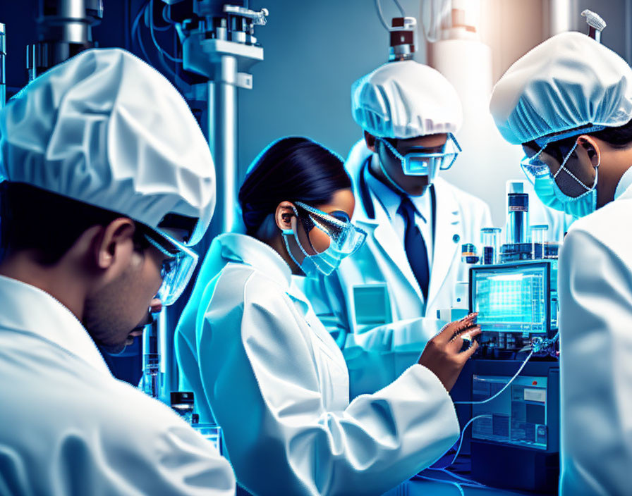 Three scientists in lab coats analyzing data on digital screen in high-tech lab