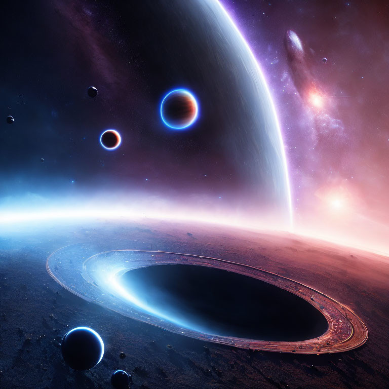 Ring-shaped structure orbits planet in futuristic space scene