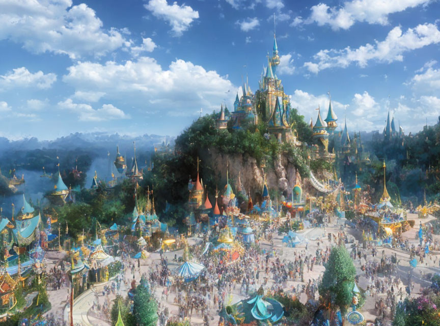 Fantasy Theme Park with Majestic Castle and Colorful Spires