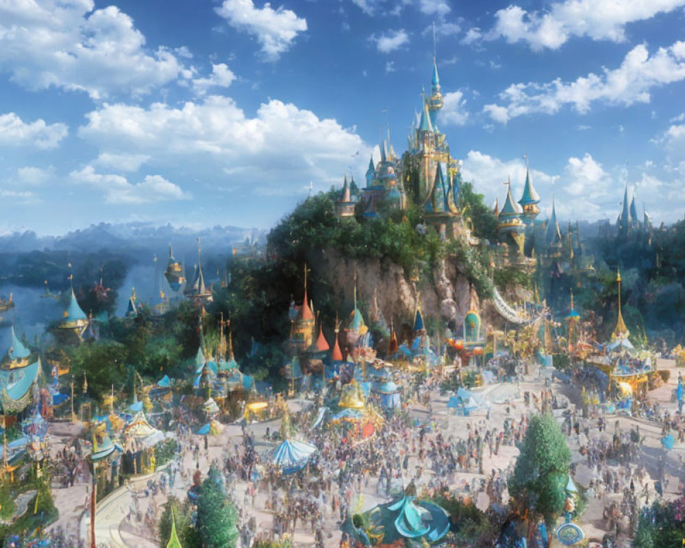 Fantasy Theme Park with Majestic Castle and Colorful Spires