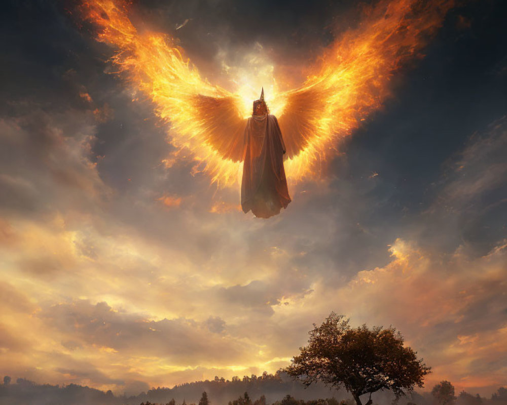 Fiery-winged figure soaring over serene sunset landscape