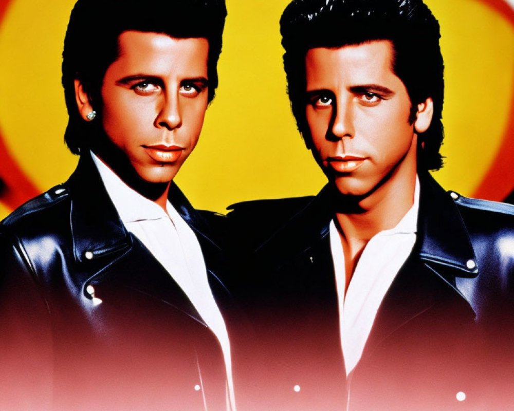 Twin men in leather jackets against colorful backdrop