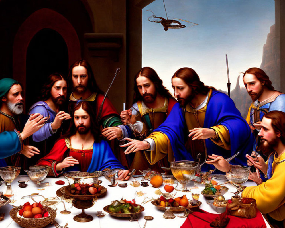 Modern reinterpretation of The Last Supper with Jesus and Twelve Apostles, including a hovering helicopter