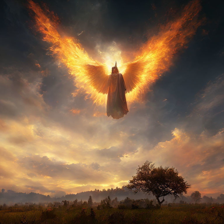 Fiery-winged figure soaring over serene sunset landscape