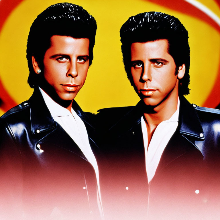 Twin men in leather jackets against colorful backdrop