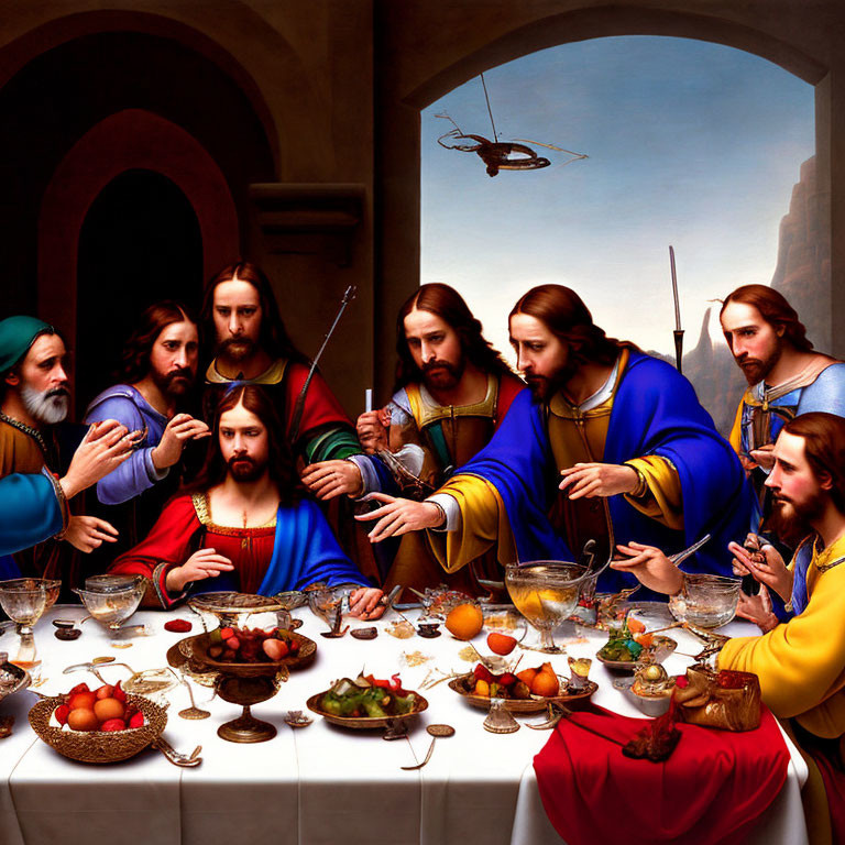 Modern reinterpretation of The Last Supper with Jesus and Twelve Apostles, including a hovering helicopter